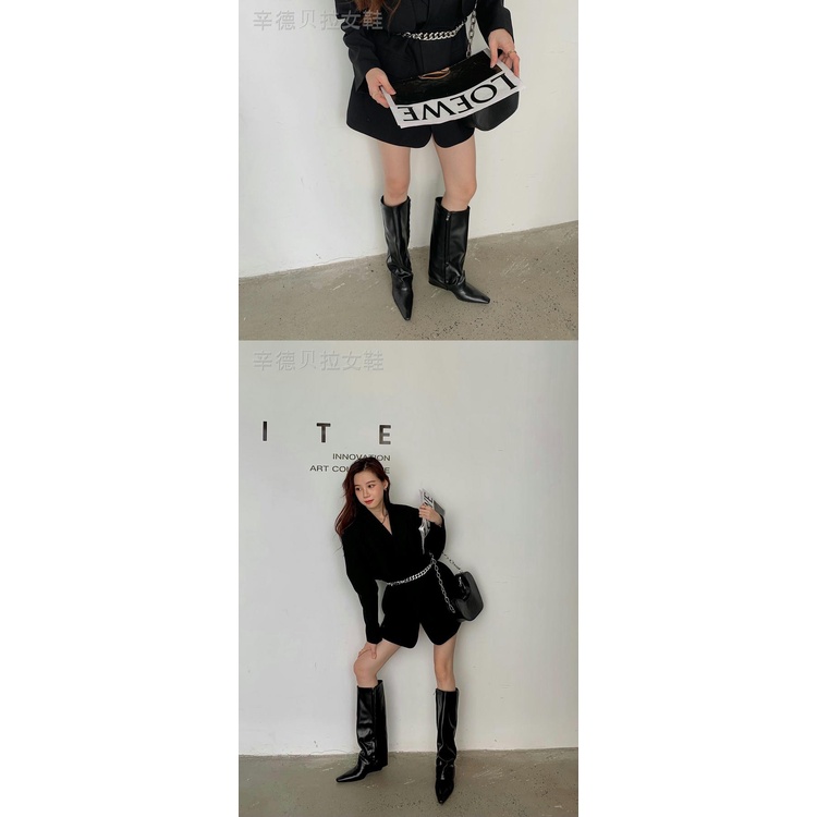 Giày bốt cổ cao tới gối mũi nhọn đế nêm gót trung bình phối xếp ly phong cách 2021 cho nữ | BigBuy360 - bigbuy360.vn