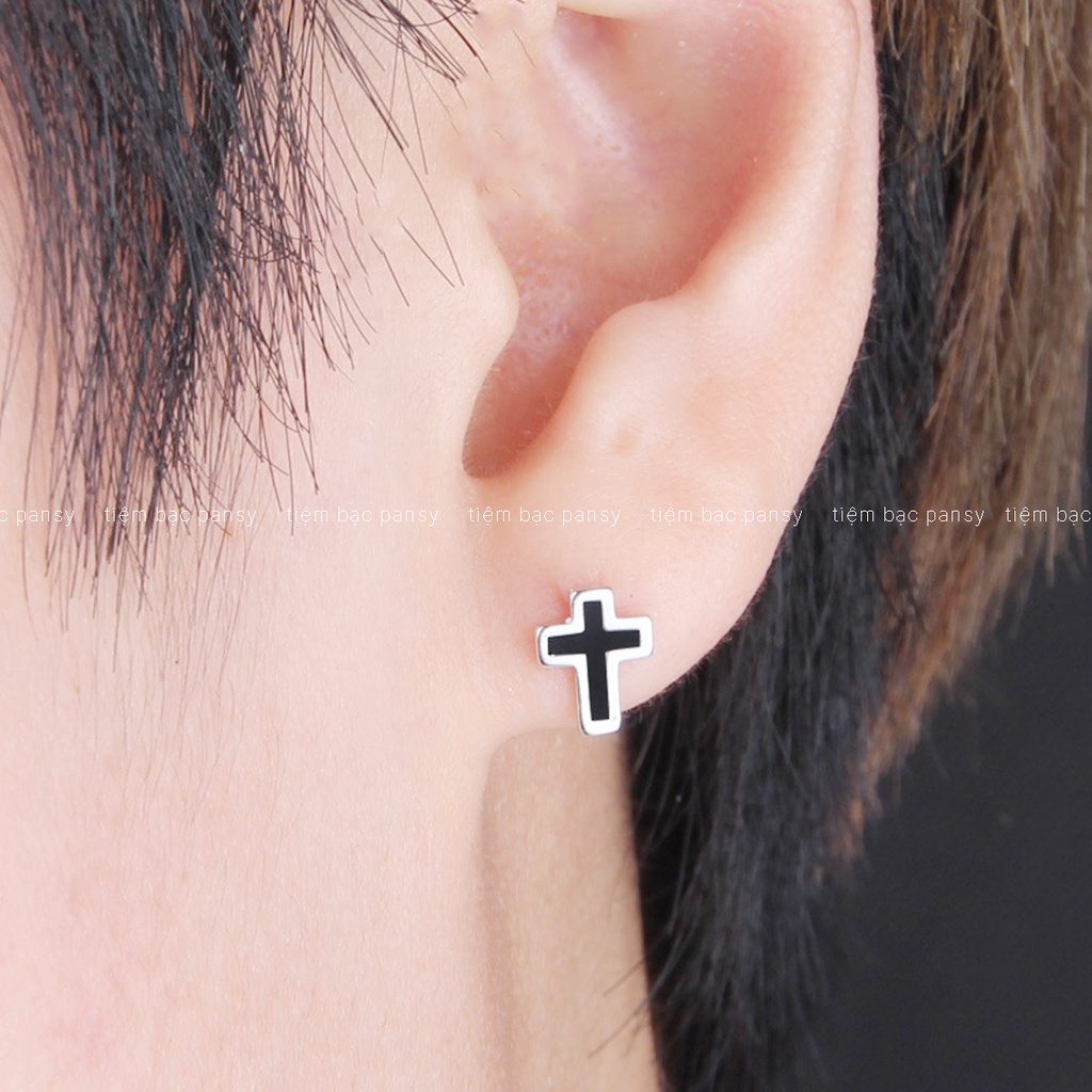 Khuyên tai bạc nam nữ unisex PANSY hình thánh giá bấm lỗ đẹp