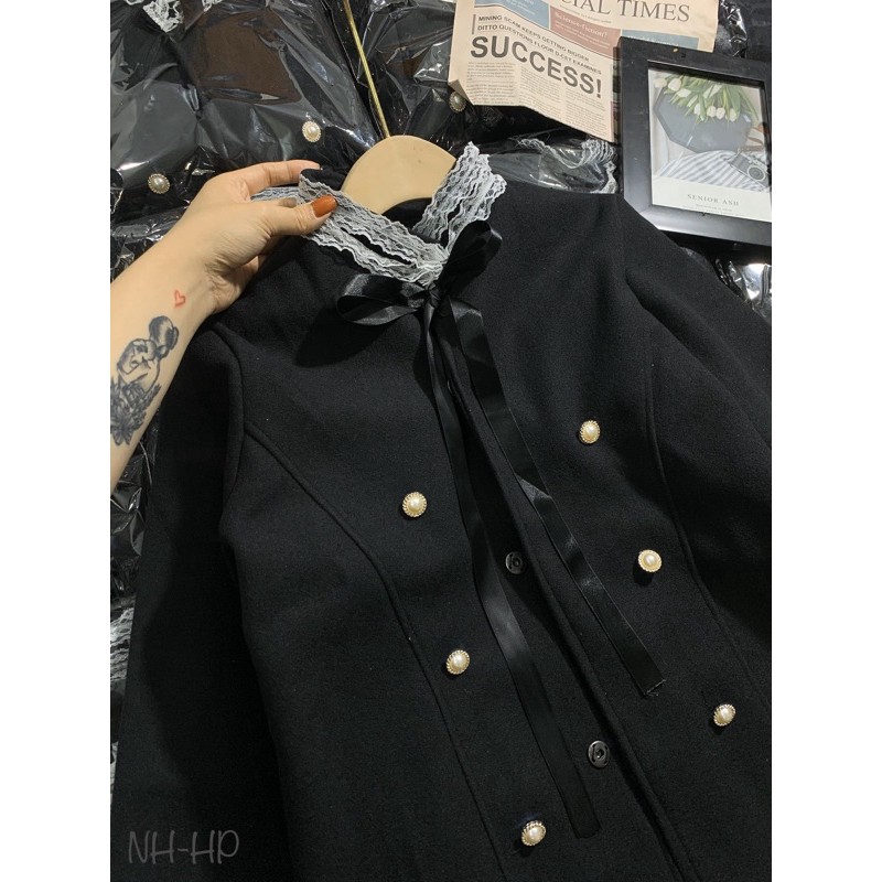 Áo dạ oha ren cổ nơ đính khuy | BigBuy360 - bigbuy360.vn