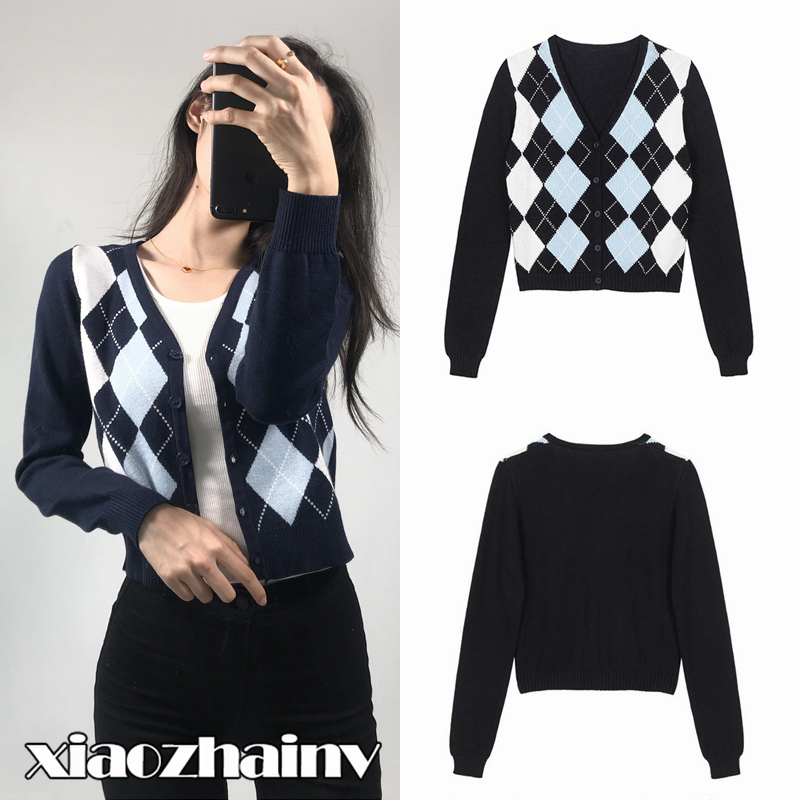 Áo Khoác Cardigan Dệt Kim Cổ Chữ V Tay Dài Dáng Ngắn Họa Tiết Hình Thoi Màu Phong Cách Âu Mỹ Thời Trang Cho Bạn Nữ