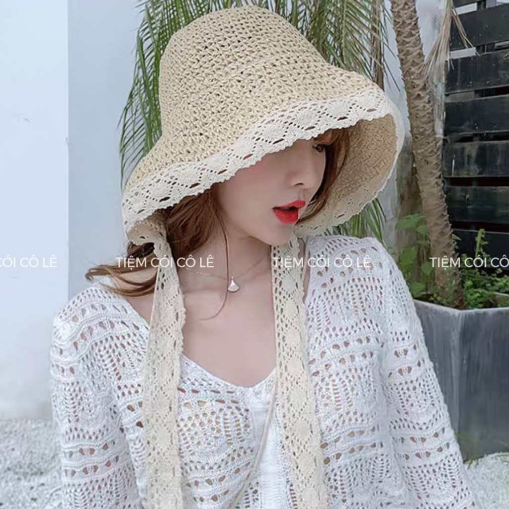 Nón cói đi biển dây ren kiểu dáng vintage, mũ tiểu thư vành rộng - Tiệm Cói Cô Lê