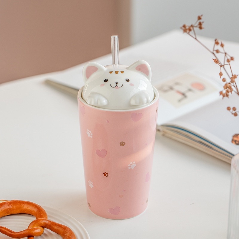 LY SỨ HÌNH CON MÈO KÈM ỐNG HÚT THUỶ TINH 480ml