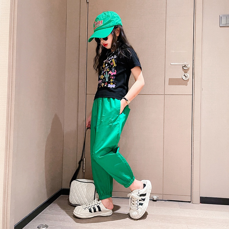 Set Áo Thun Tay Ngắn & Quần Short Rách Gối Cho Bé Gái 170