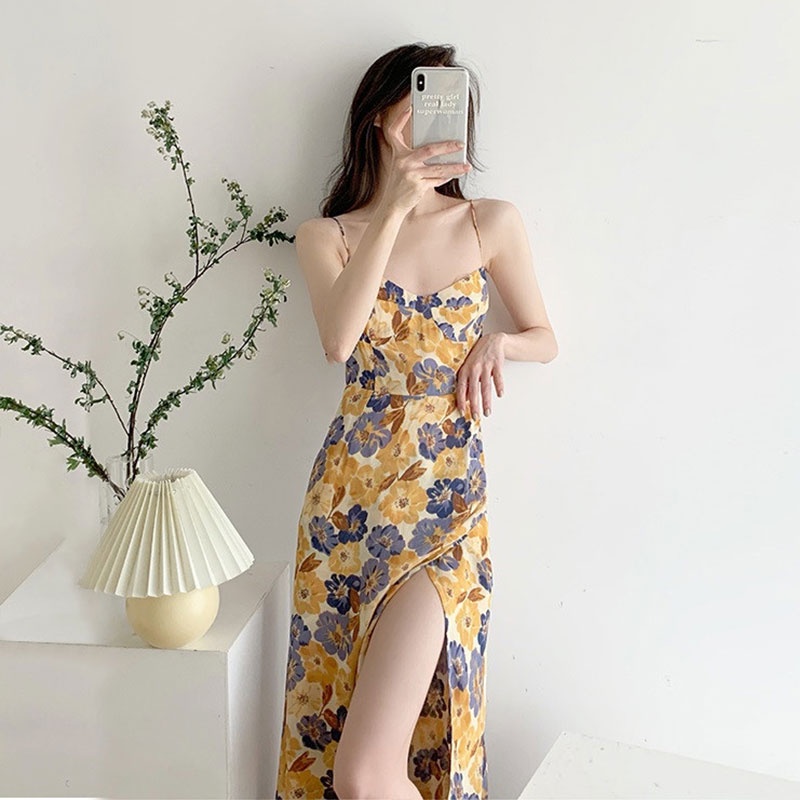 Đầm YEYA không tay xẻ tà in họa tiết cổ điển cho nữ