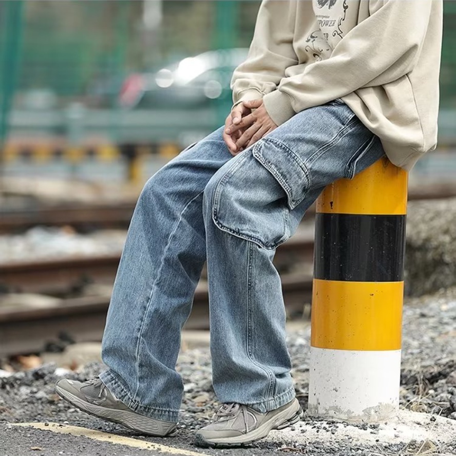 Quần jean nam quần jean nữ có túi quần jean nam nữ lưng cao thời trang phong cách Hàn Quốc quần jean chở hàng Unisex với dây thắt lưng đàn hồi thời trang Quần ống rộng nhiều túi sành điệu