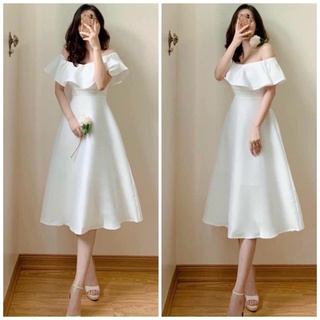 Đầm trễ vai, váy dự tiệc màu trắng thanh lịch