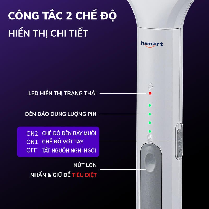 Vợt Muỗi Thông Minh Hamart Kiêm Đèn Bẫy Muỗi 2in1 Model 2021 Pin Sạc Cao Cấp BH 1 Tháng