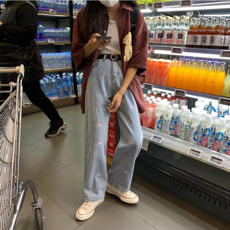 Quần Jean Ống Rộng Lưng Cao Thiết Kế Mới Năng Động Thời Trang Dành Cho Nữ