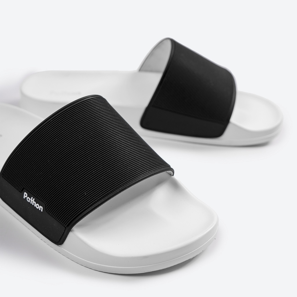 Dép nam nữ quai ngang slipper Pathon quai PVC và đế PU trắng quai đen Mẫu SD31
