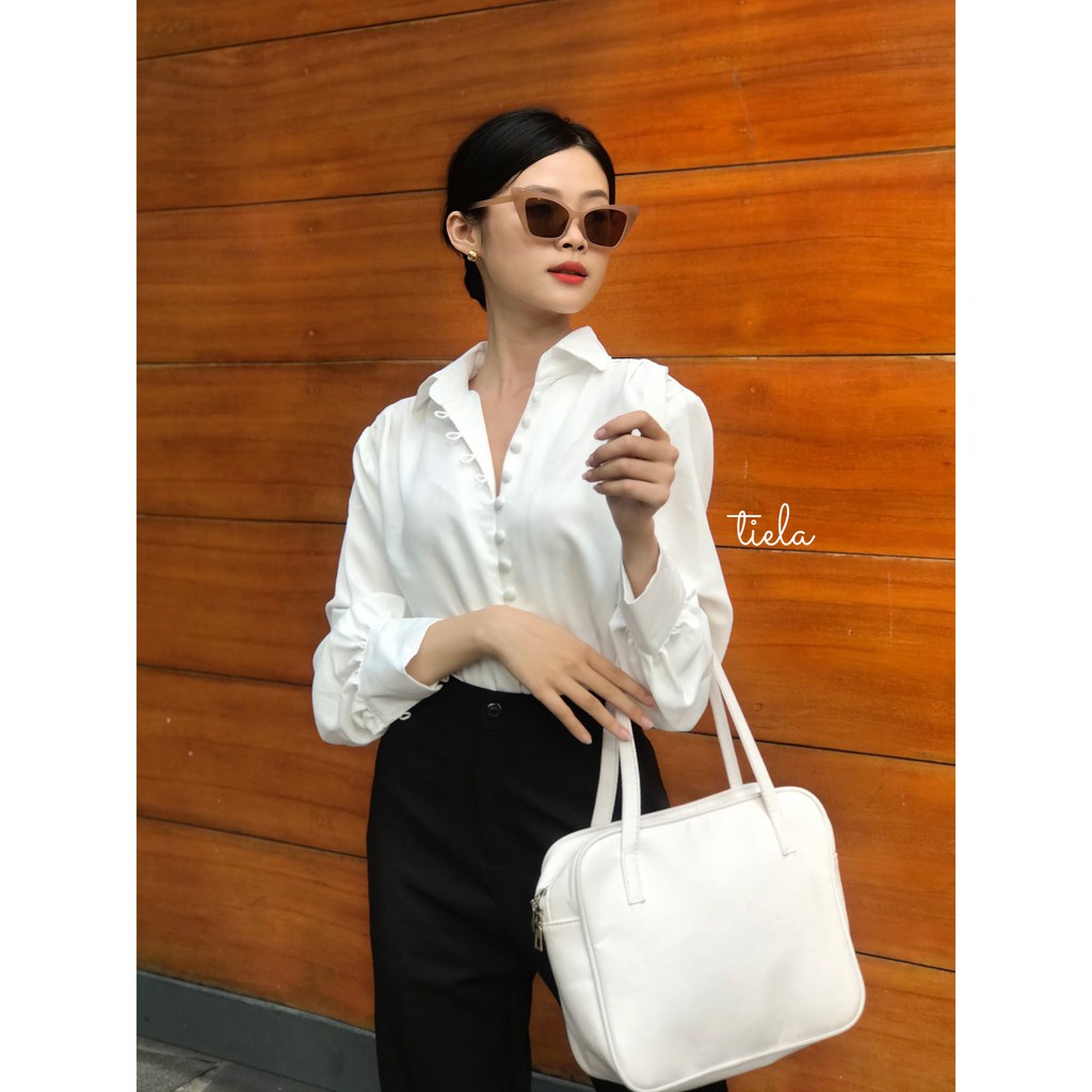 Áo sơ mi công sở nữ đẹp kiểu Hàn Quốc Form rộng tay dài nút vải chất lụa cao cấp màu TRẮNG HỒNG XANH BE - TIELA - Hàng m