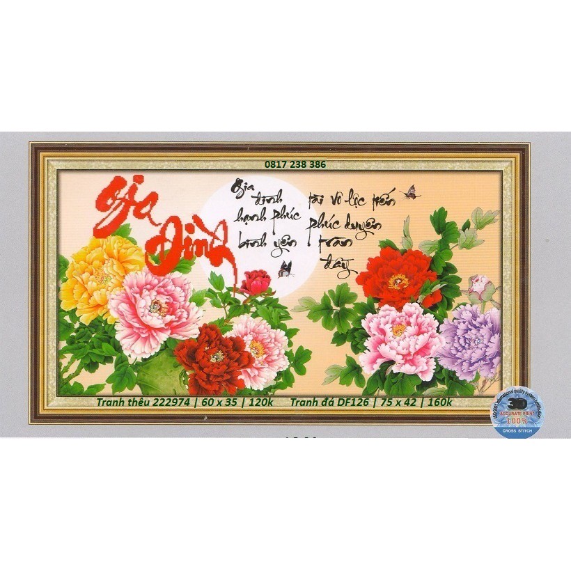 Tranh thêu chữ thập gia đình mẫu đơn 222974 (60 x 35 cm)