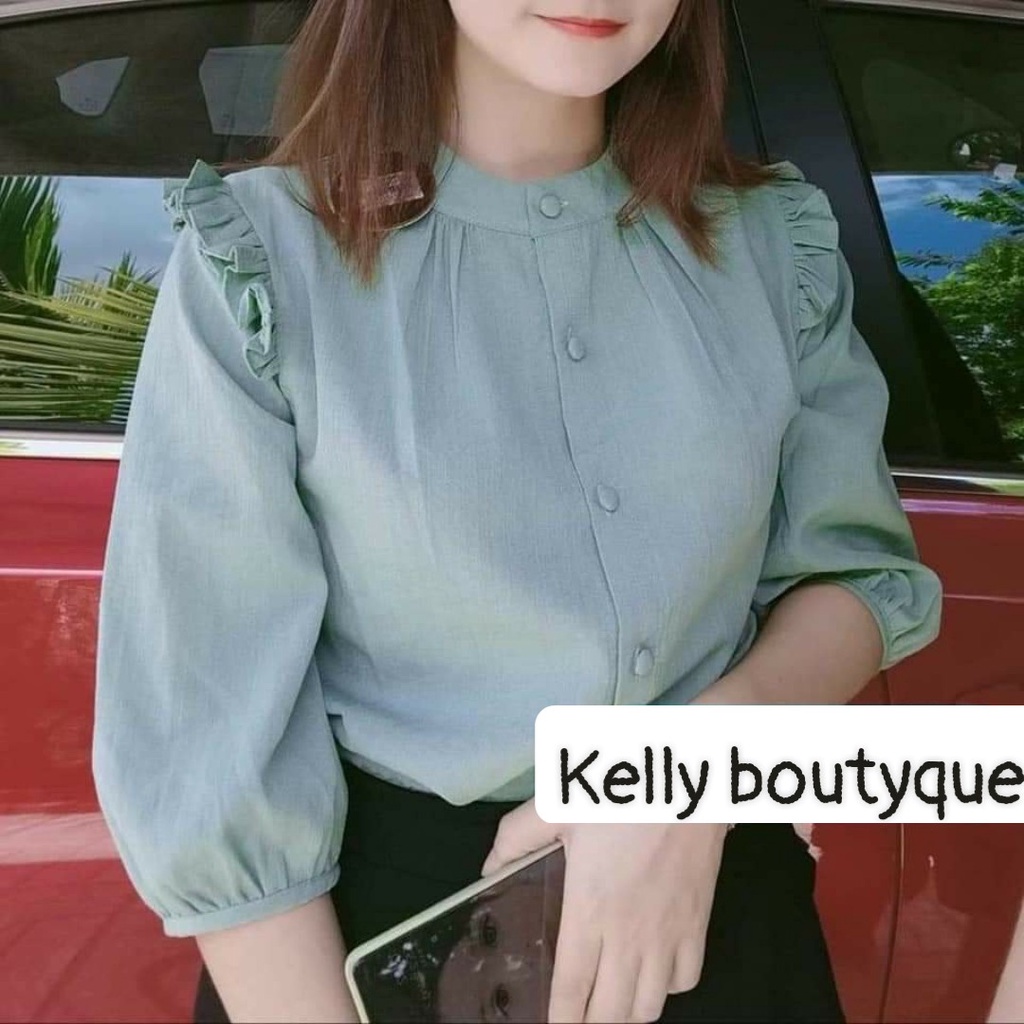 Áo sơ mi nữ cổ tàu trơn tay lỡ kiểu dáng basic - Thời trang công sở KELLY BOUTIQUE