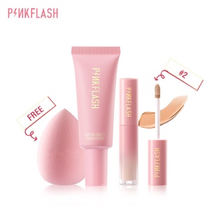 Bộ kem nền/ kem che khuyết điểm/ mút trang điểm PINKFLASH kiềm dầu kháng nước lâu trôi 3 món 90g