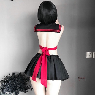 Women Miniskirt Outfit Sexy Cosplay Lingerie Student Uniform Black Pajamas Set Ladies Hollow Costume Babydoll Top + Skirt Sets