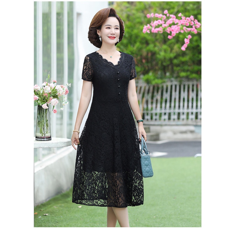 Đầm ren hai lớp tay ngắn có size lớn phong cách mùa hè thời trang cho phụ nữ trung niên