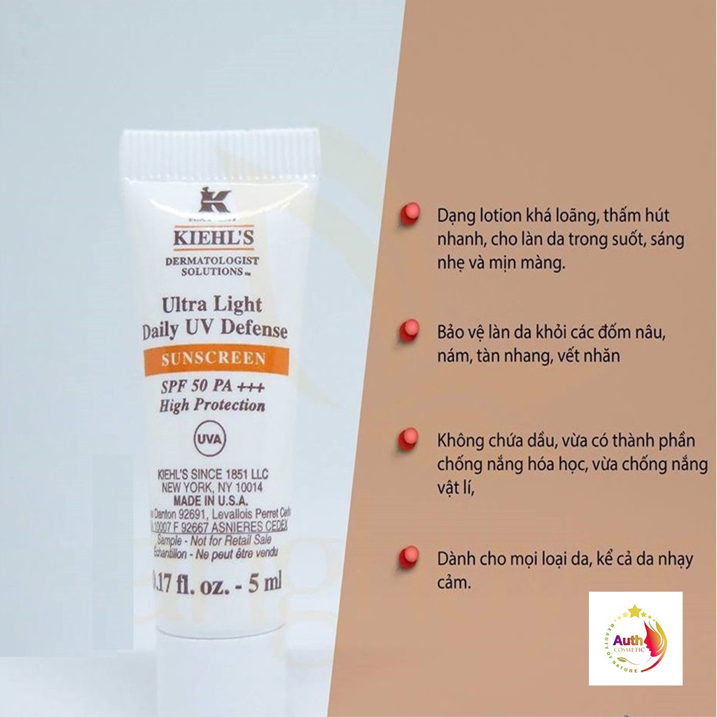 Kem chống nắng hàng ngày KIEHLS ULTRA LIGHT DAILY UV DEFENSE 5ml Bảo vệ làn da khỏi tia UV và tác nhân môi trường