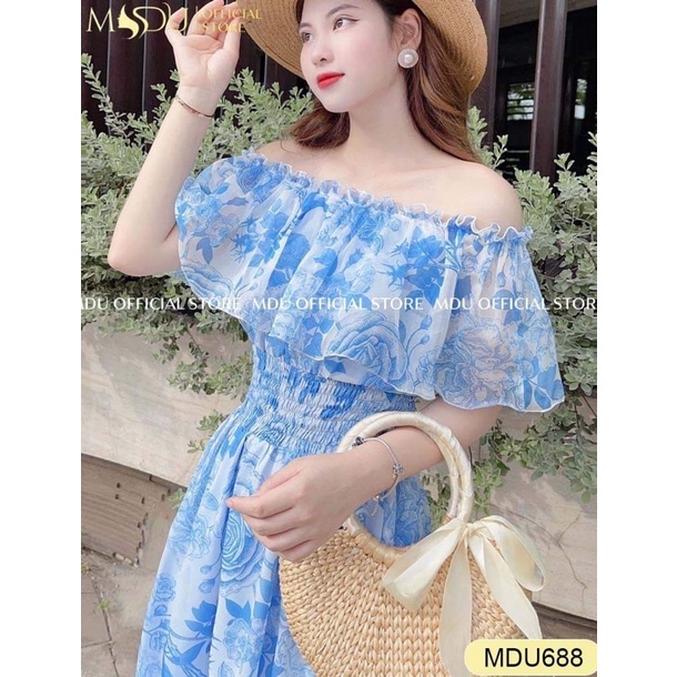 Đầm maxi voan hoa trễ vai nhún thun eo 3 màu