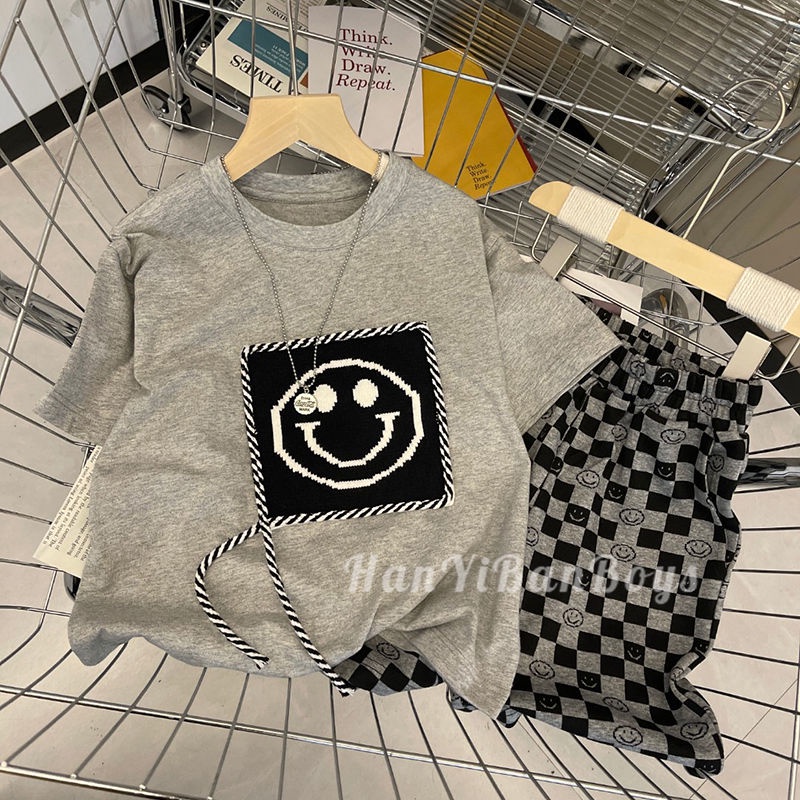 Set Áo Thun Ngắn Tay In Hình Mặt Cười + Quần Short Thời Trang Mùa Hè Cho Bé Trai