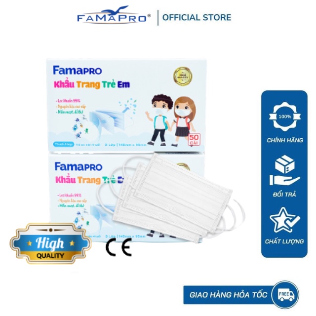 HỘP-50 CÁI COMBO 2 HỘP Khẩu trang y tế trẻ em kháng khuẩn 3 lớp Famapro