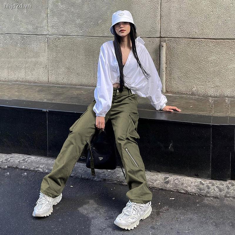 Quần Dài Dáng Rộng Phối Khóa Kéo Phong Cách Retro Mỹ Cá Tính Dành Cho Nữ