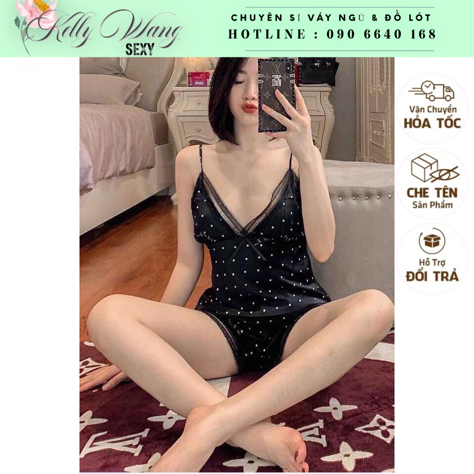 SX251 - Bộ ngủ lụa satin Phối ren KELLY WANG