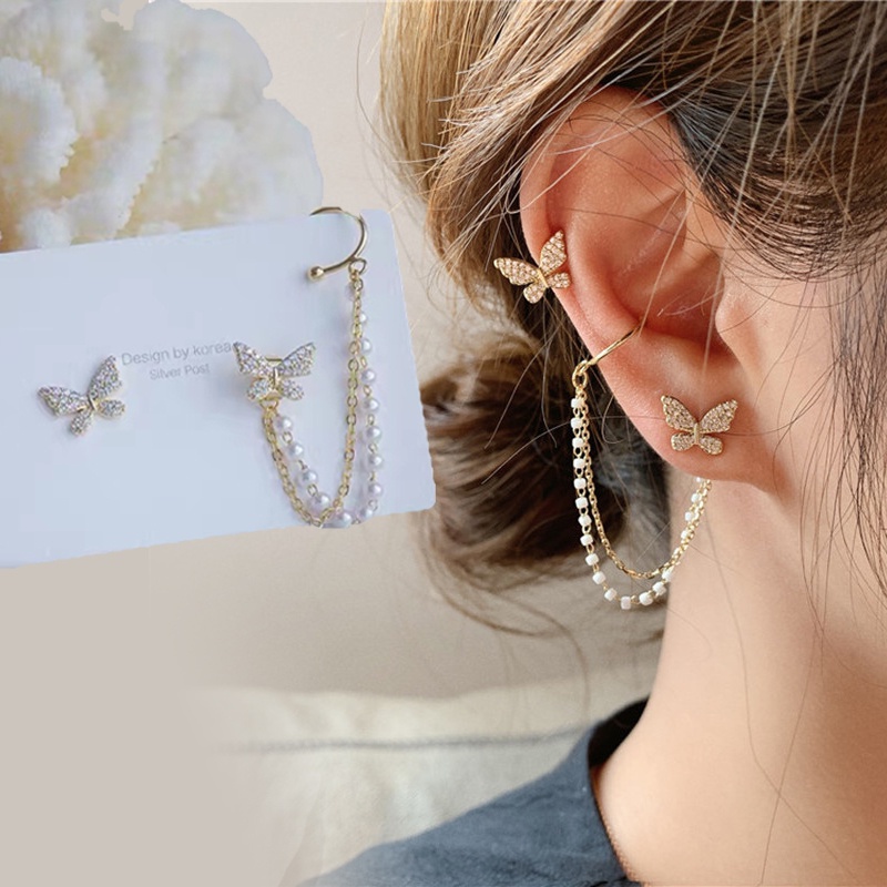 Cặp bông tai dài hình bướm đính đá bằng hợp kim phong cách Hàn Quốc thanh lịch