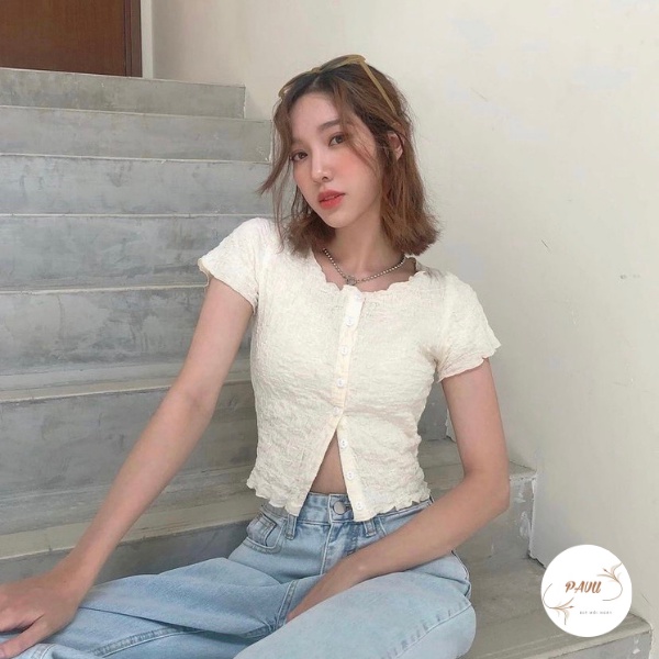 Áo cộc tay nữ phối cúc chất xốp nhăn, Áo thun nữ dáng ôm body tay ngắn chất co giãn cực mát,xinh xắn | BigBuy360 - bigbuy360.vn