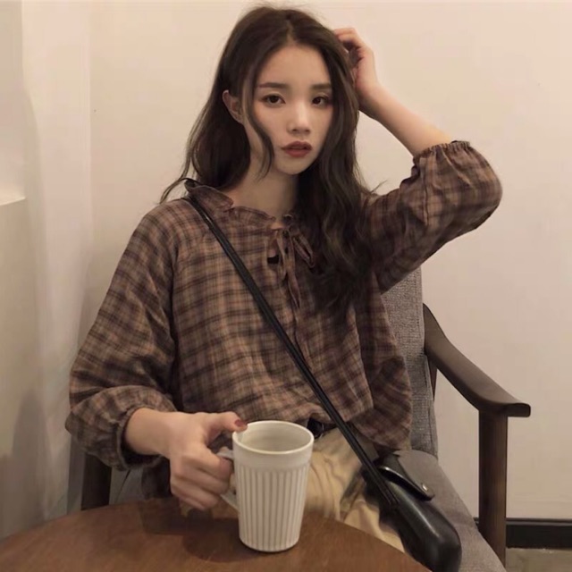 Áo sơ mi kẻ nâu tay bồng Ulzzang basic tiểu thư vintage siêu xinh ❤️ .