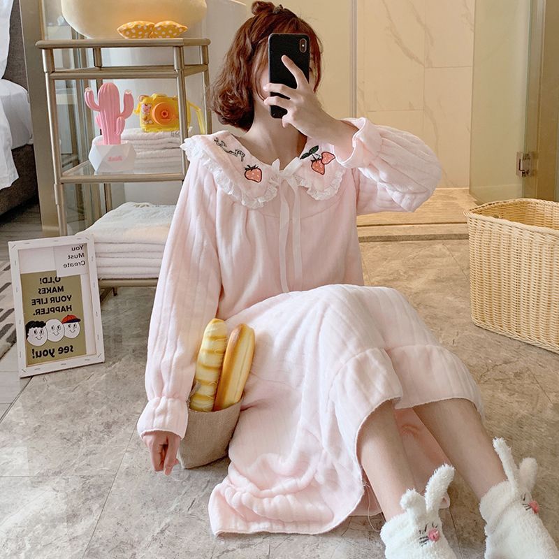 Bộ Đồ Ngủ Chất Nỉ Dày Dặn Màu Hồng Plus Size Thời Trang Thu Đông Xinh Xắn Cho Nữ