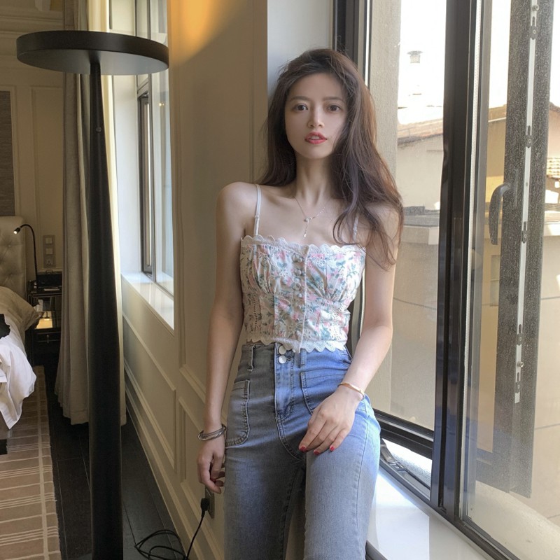 Áo hai dây COZOK phối ren hoa phong cách vintage