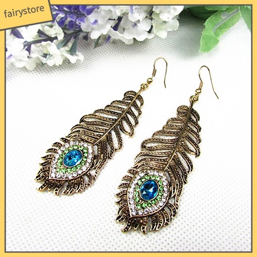 Bông tai hình lông chim công đính đá phong cách cổ điển