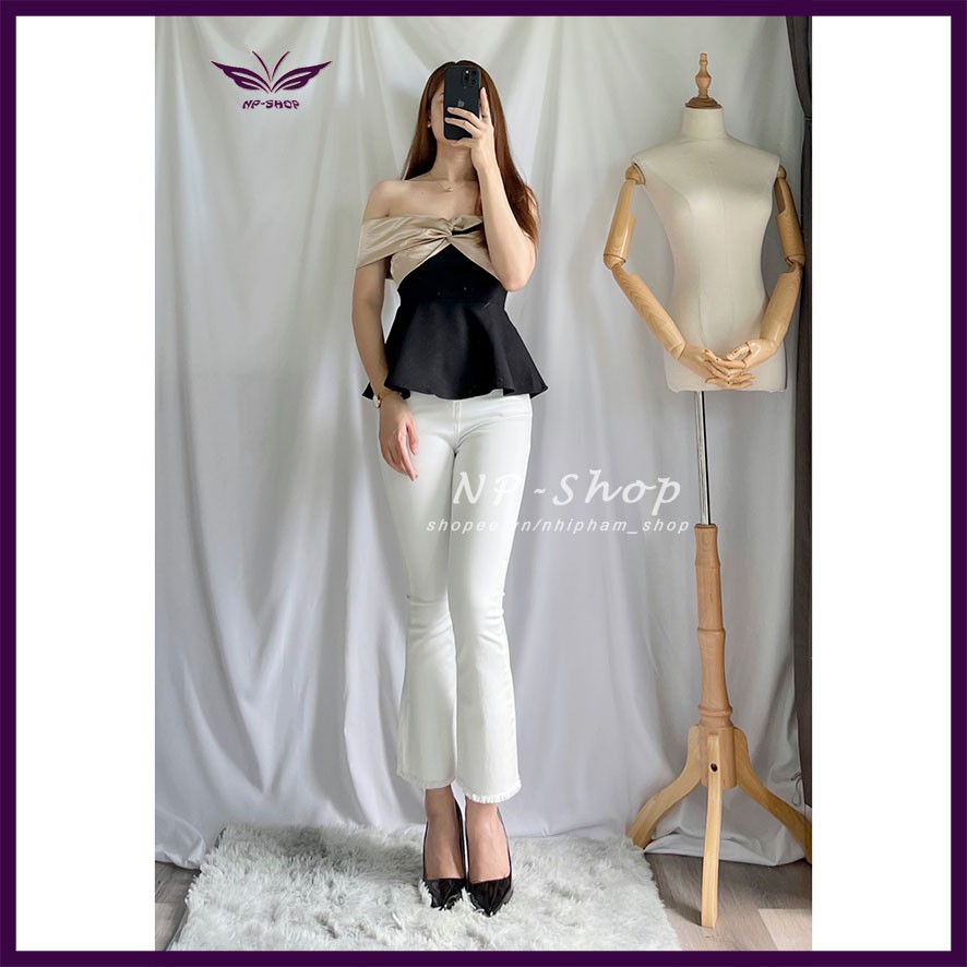 Quần jean ống loe 9 tấc màu trắng lưng cao NPSHOP, quần bò lửng loe nhẹ 2 màu trắng đen cao cấp | BigBuy360 - bigbuy360.vn