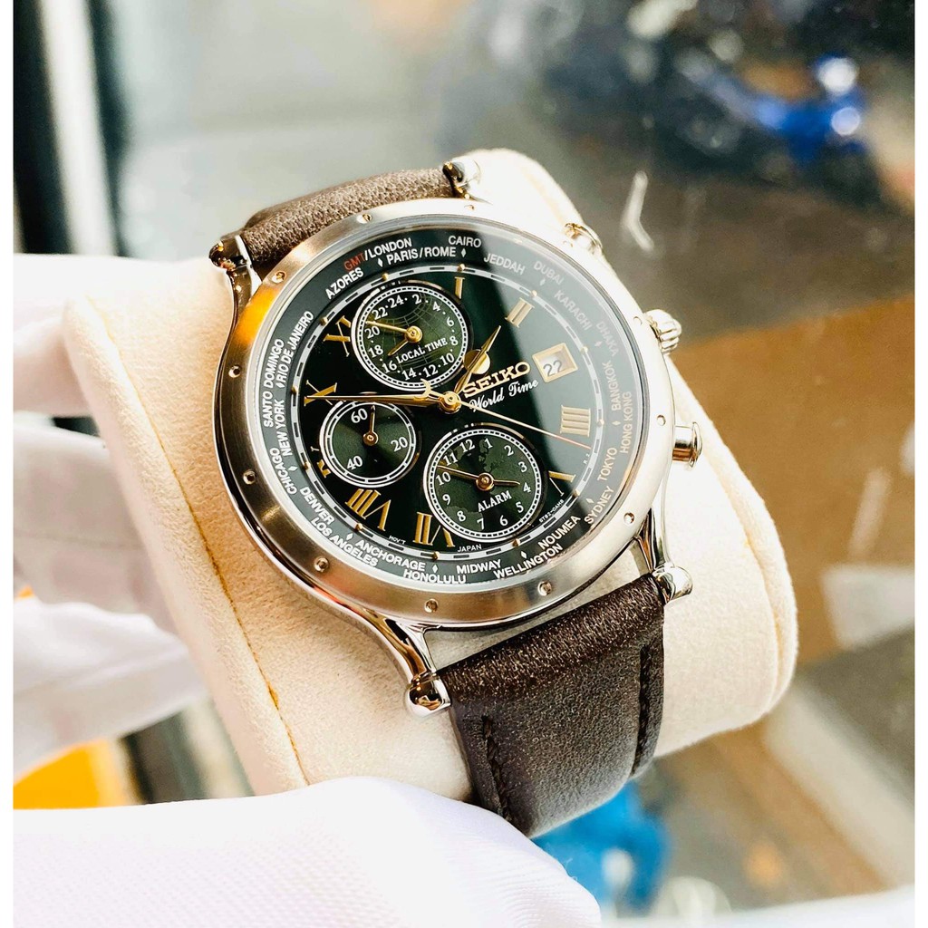 Đồng hồ Nam Seiko Chronograph World Time máy quartz, dây da cao cấp, kính cứng SPL057P1