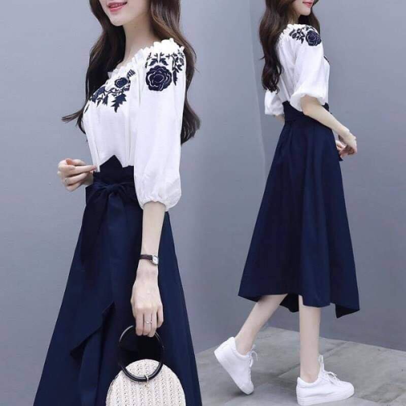 SET ĐẦM ÁO THÊU HỌA TIẾT HOA HOA HỒNG BẸT VAI CHÂN VÁY XÒE CÁCH ĐIỆU CÓ SIZE LỚN XXXL