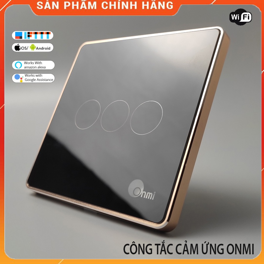 Công Tắc Cảm Ứng Thông Minh 1,2,3,4 Nút Hình Vuông - Kết nối WiFi- Mặt Kính,Viền Vàng ONMI Chính Hãng, BH 1 đổi 1.