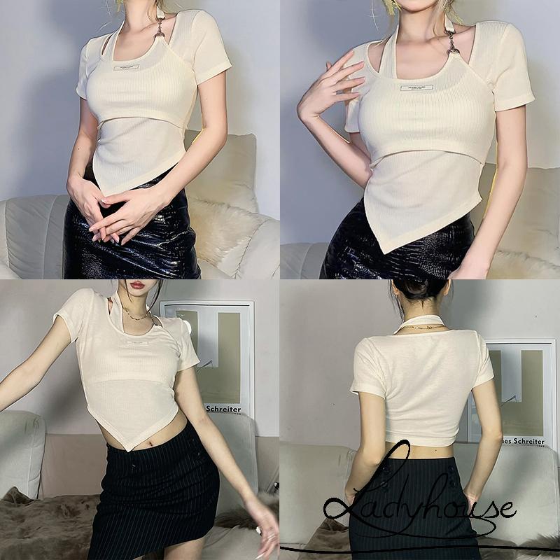 Áo Thun Giả Hai Mảnh Tay Ngắn Phối Dây Xích In Chữ Trang Trí Thời Trang Cho Nữ