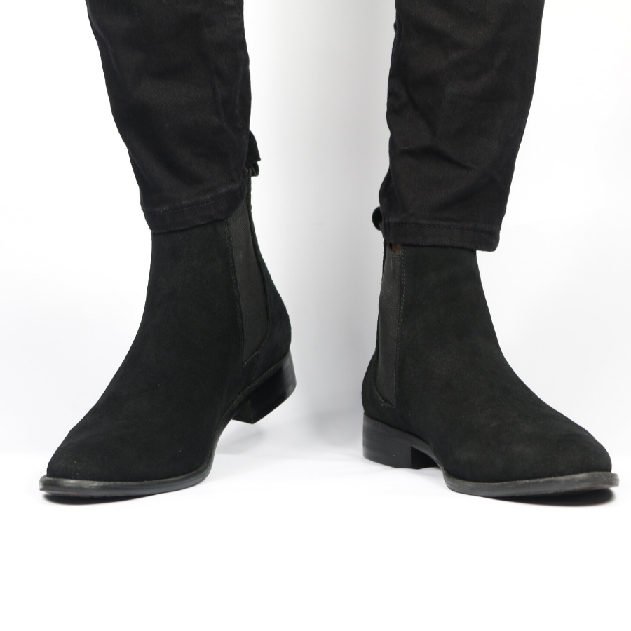 Giày nam Chelsea Boots màu đen chất liệu da bò lộn, đế cao su đúc êm chân, kiểu dáng cao cổ thời trang