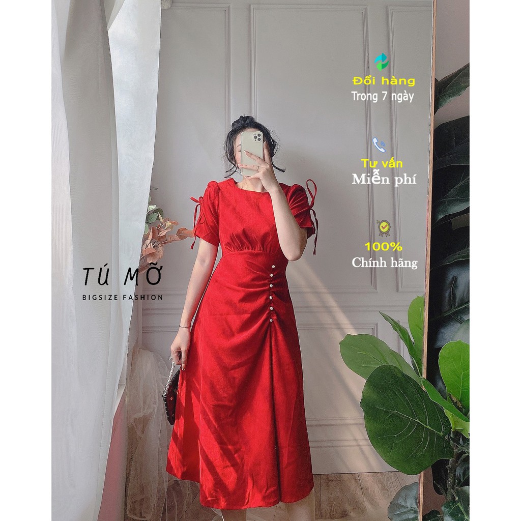 Đầm Bigsize nhung phối nút x DA0014  - Tú Mỡ - đầm cho người béo mập 50-95KG - Mặc đi tiệc, đi chơi hoặc dạo phố