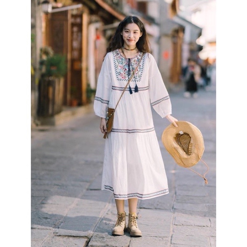 Đầm Thổ Cẩm Thêu Hoa VinTage  BoHo Tiệm Nhà Liin Mã 249 Thời Trang Du Lịch Nữ