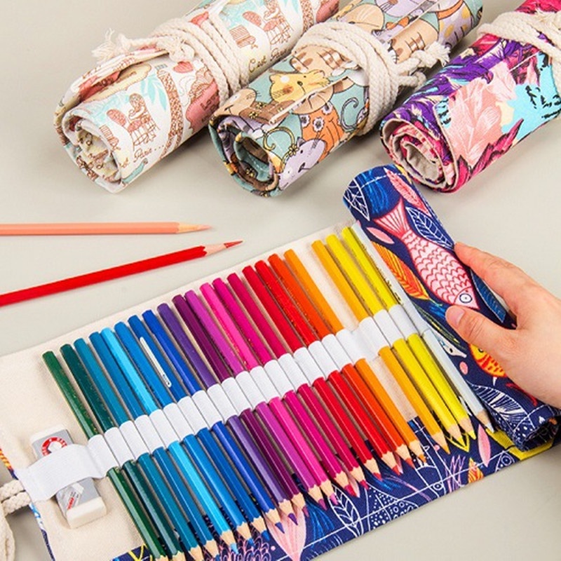 Túi cuộn canvas Ruixiang đựng bút/cọ trang điểm 12/24/48 ngăn đa năng tiện lợi