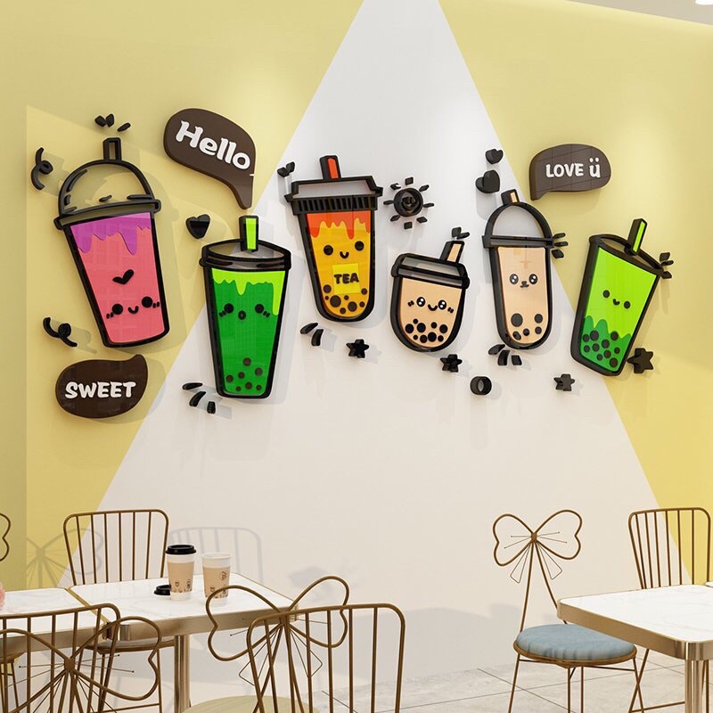 Tranh dán tường mica cao cấp dán nổi - bộ 6 ly trà sữa trang trí quán cafe, trà sữa, quán ăn vặt, ăn nhanh | BigBuy360 - bigbuy360.vn