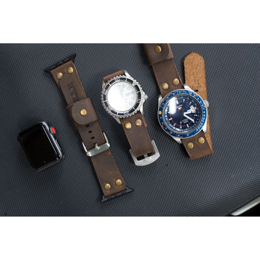 Dây đồng hồ Apple Watch , Iwatch , Iphone Watch Da Bò Sáp Ngựa Điên RAM Leather Pilot Rivet  Bền Đẹp