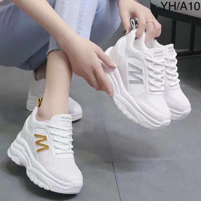Giày sneaker nâng đế trắng full chữ M siêu hot hit cao 7p tôn dáng