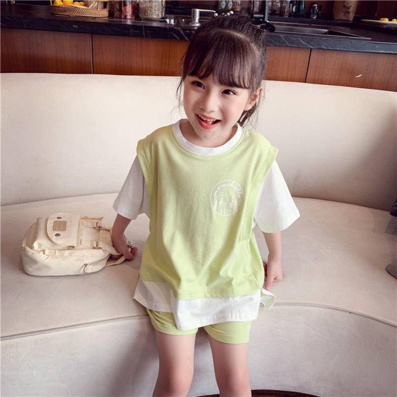 Áo Thun Tay Ngắn Giả Hai Mảnh Dáng Rộng Vải Cotton Thời Trang Xuân Thu Cho Bé Gái