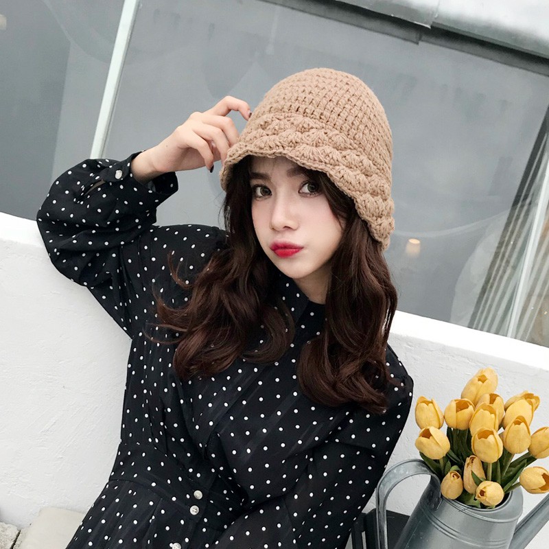 Mũ Len Dệt Kim Dày Dặn Màu Sắc Đơn Giản Phong Cách Hàn Quốc Cho Nữ