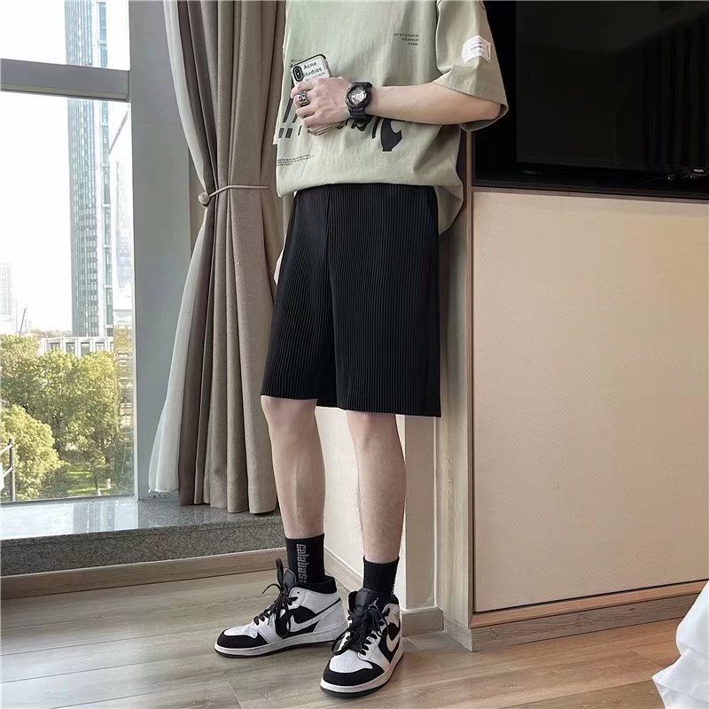 Quần Short Thể Thao Vải Lụa Lạnh Xếp Ly Màu Trơn Nhanh Khô Thời Trang Mùa Hè Cho Nam