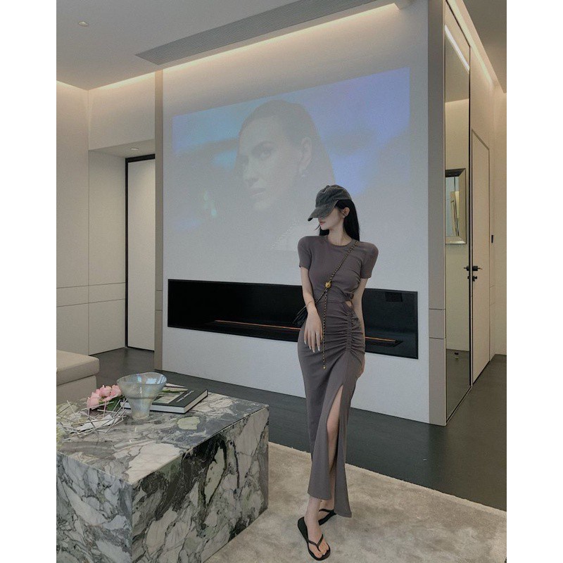 Đầm dài xẻ tà nhấn eo độc đáo thiết kế xếp ly phong cách Hàn Quốc thời trang mùa hè cho nữ 2021