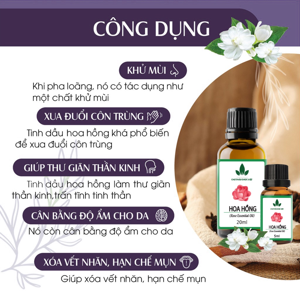 Tinh dầu Hoa Hồng 20ml, cao cấp nhập khẩu, hương nước hoa thiên nhiên, thơm phòng - Chợ Thảo Dược Việt