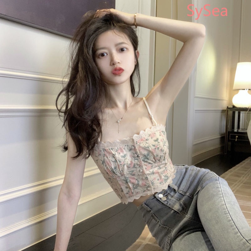 Áo Hai Dây Phối Ren Họa Tiết Hoa Ngọt Ngào Phong Cách Retro Pháp