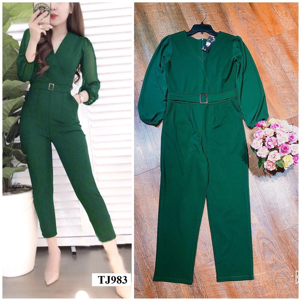 Bộ Jum Đẹp 💛FREESHIP💛 Jumpsuit dài cổ đắp chéo tay phối vải chiffon kèm belt liền Mã TJ983